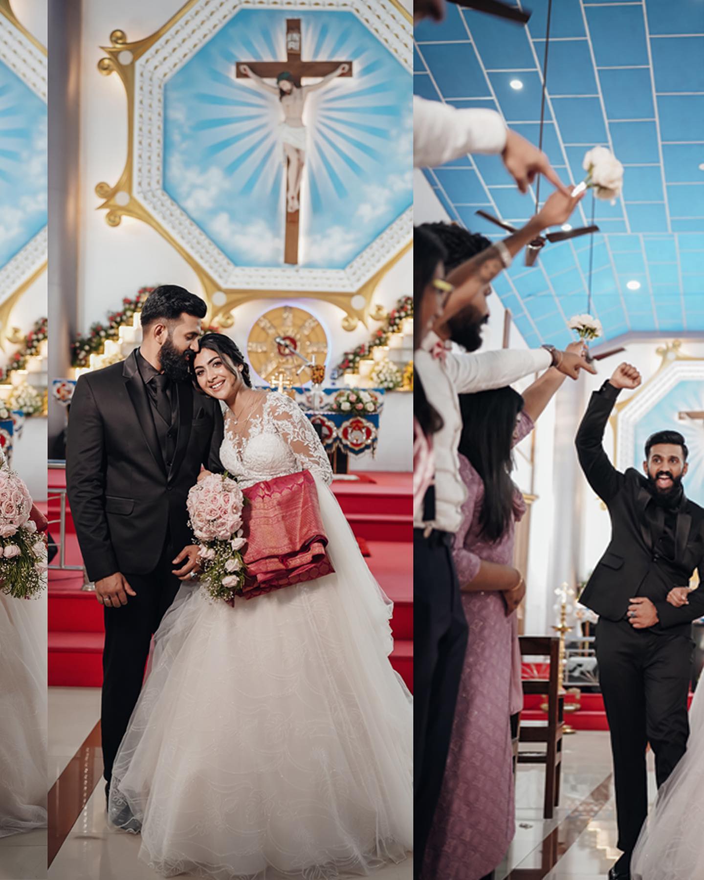 Wedding couple celebrating inside a church